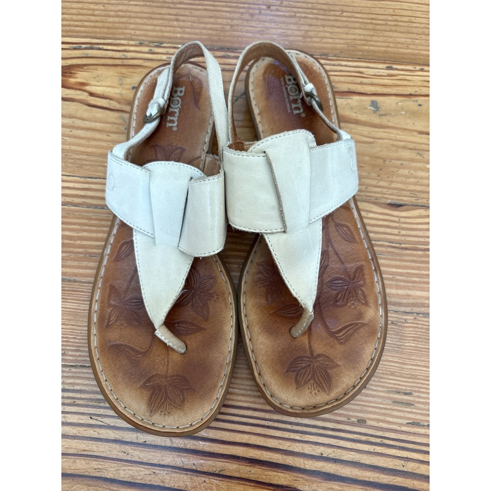 Born‎ Thong Sandals Womens Cream Leather Floral Embossed Slingback SIZE 9 - Picture 5 of 7
